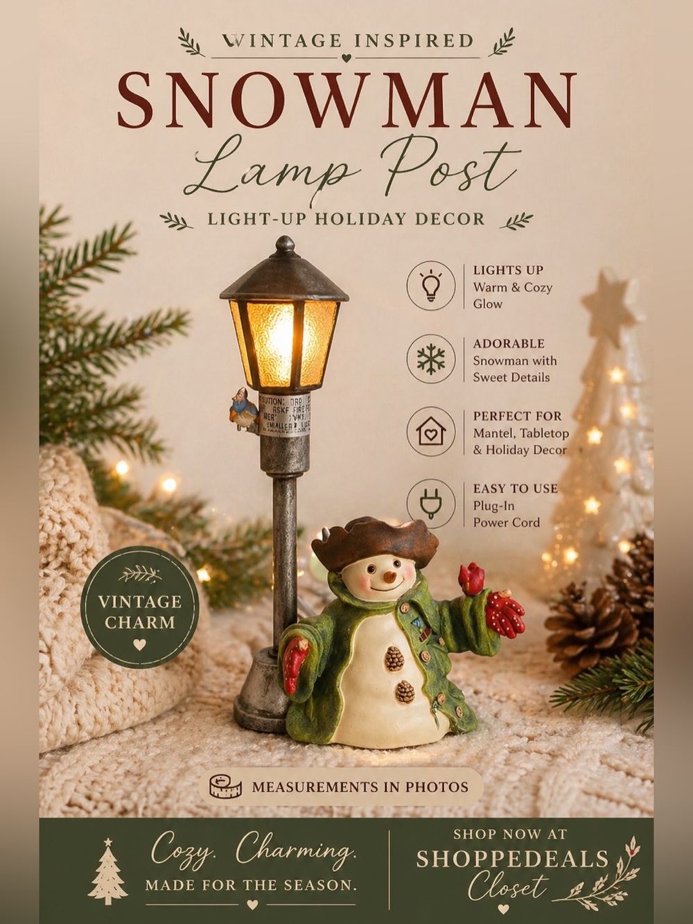 Vintage Snowman Lamp Post Table Decor – Light-Up Winter Holiday Figurine